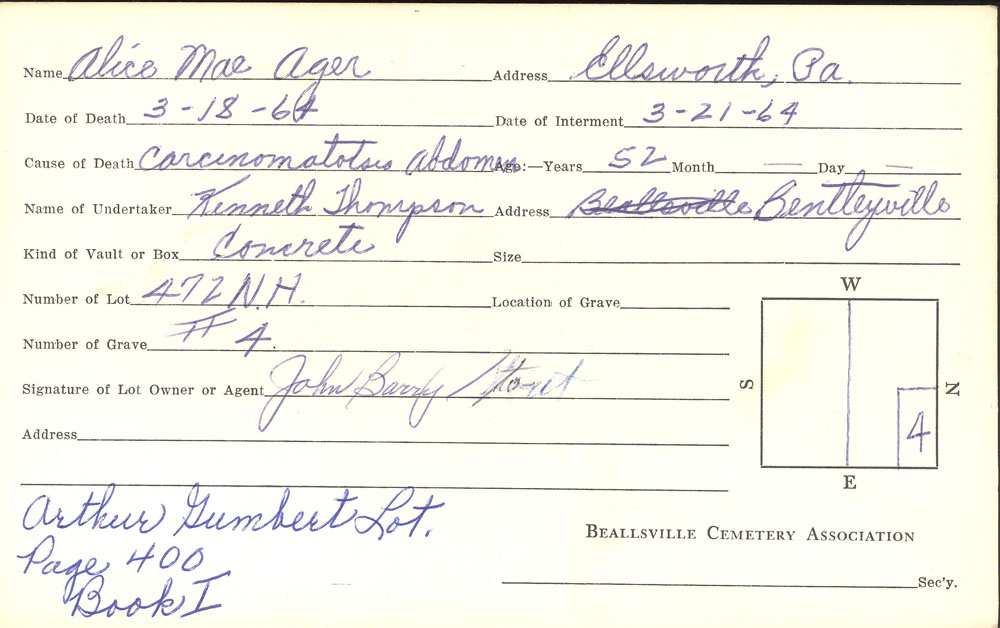 Alice Mae Ager burial card